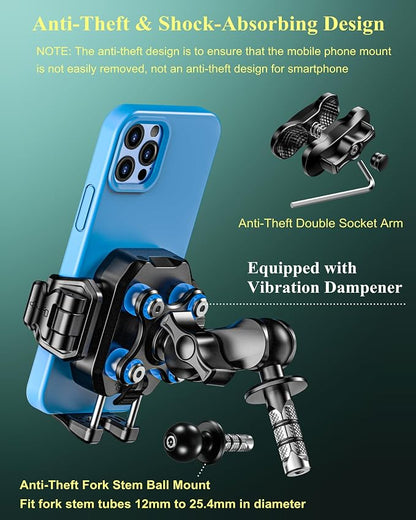 BRCOVAN Anti-Theft Motorcycle Fork Stem Phone Mount Holder with Vibration Dampener [1s Lock] [Camera Friendly] Adjustable Size Mobile Phone Cradle Fit 5.4-7.2" Cellphones