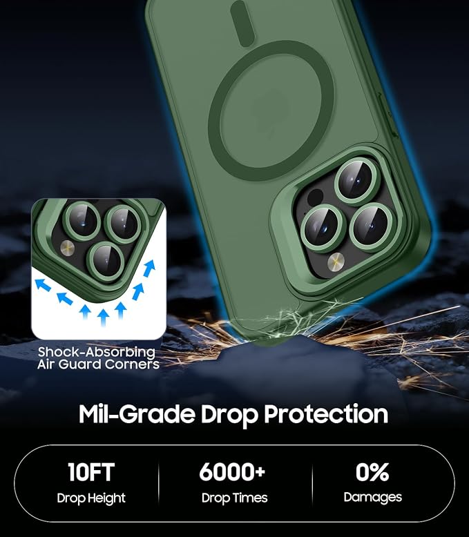 for iPhone 13 Pro Max Case, Compatible with MagSafe, 3-in-1 Camera Ring Stand, with 9H Camera Lens Cover, Non-Slip Translucent Matte Military-Grade Drop Protection Magnetic Case, Green