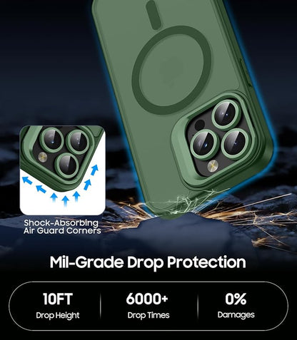 for iPhone 14 Pro Max Case, Compatible with MagSafe, Built-in Camera Ring Stand, with Individual Camera Cover, Translucent Matte Military-Grade Drop Protection Magnetic Case, Green