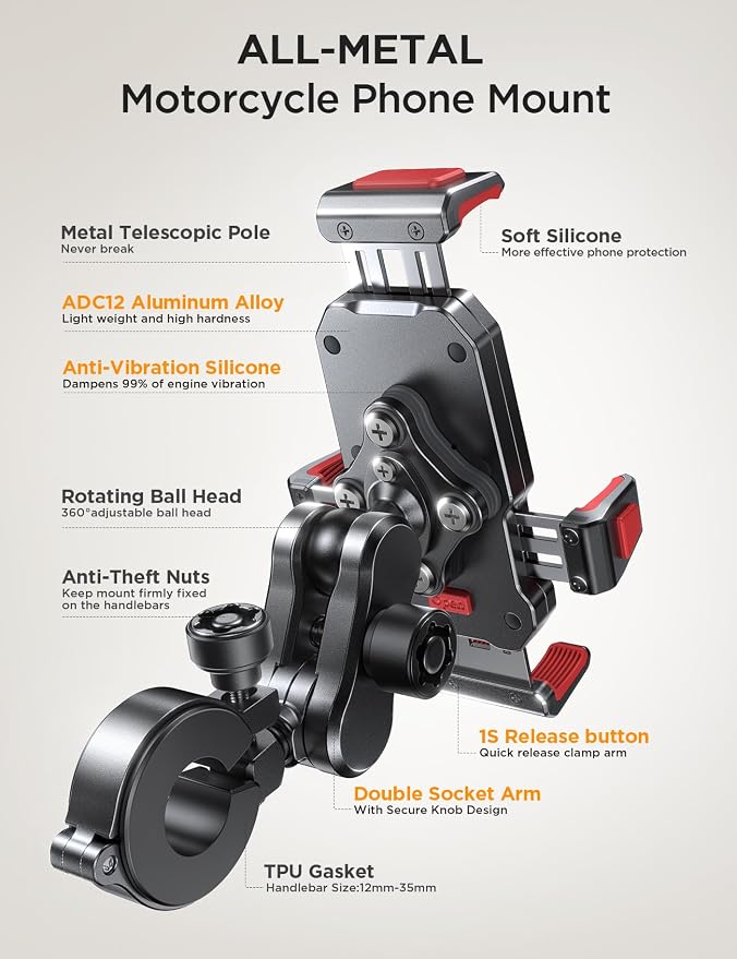 JOYROOM Aluminum Alloy Motorcycle Phone Mount with Vibration Dampener, Motorcycle Phone Holder for Harley Bike Bicycle Scooter ATV/UTV, Compatible with iPhone, Samsung, All Cell Phones