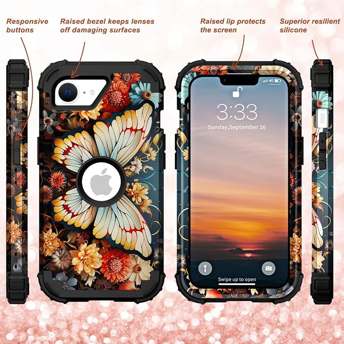Hocase for iPhone 17e/iPhone 16e Case, Heavy Duty Shockproof Protection Hard Plastic+Silicone Rubber Hybrid Protective Phone Case for iPhone 17e/16e 6.1" - Butterfly on Flowers