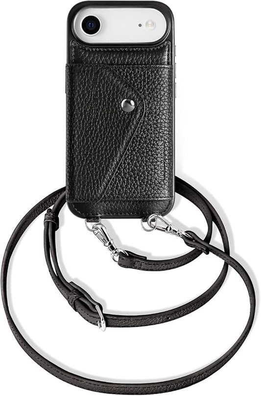 LUCKYCOIN for iPhone Air Crossbody Wallet Case – Genuine Leather Phone Purse with Adjustable Strap and Card Holder,Lanyard Phone Purse Case for Women,Pebble Grain Black