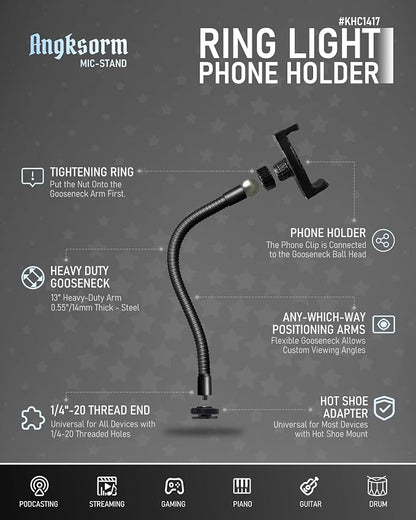 KHC1417 Ring Light Phone Holder with Flexible Heavy-Duty Gooseneck Arm – Adjustable Smartphone Mount with Hot Shoe Adapter for Tripods, Camera Mounts, iPhone & Android, 13-INCH
