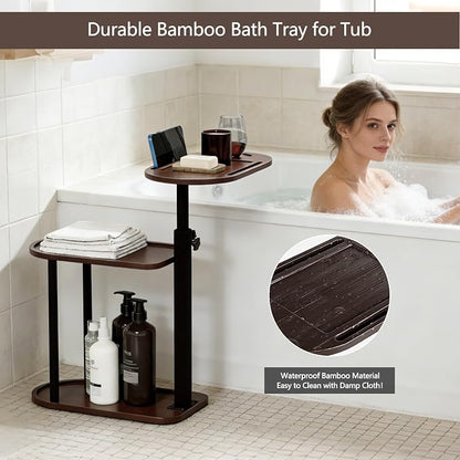 3 Layer Bathtub Tray Table,Bamboo Swivel Bathtub Side Table Height Adjustable,Freestanding Bathtub Tray for Tub Against Wall,Bathtub Accessories&Bathroom Organizer for Luxury Home Spa (Brown)
