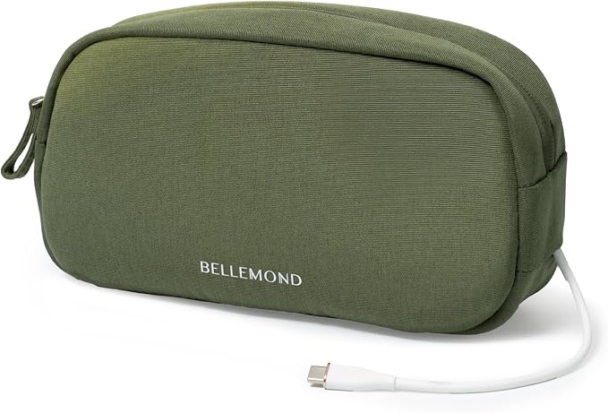 BELLEMOND Tech Organizer Pouch for Travel | Electronics Organizer Case for Cables, Chargers & Accessories | Hidden AirTag Pocket, Cable Pass-Through & Waterproof Base | Bamboo Green