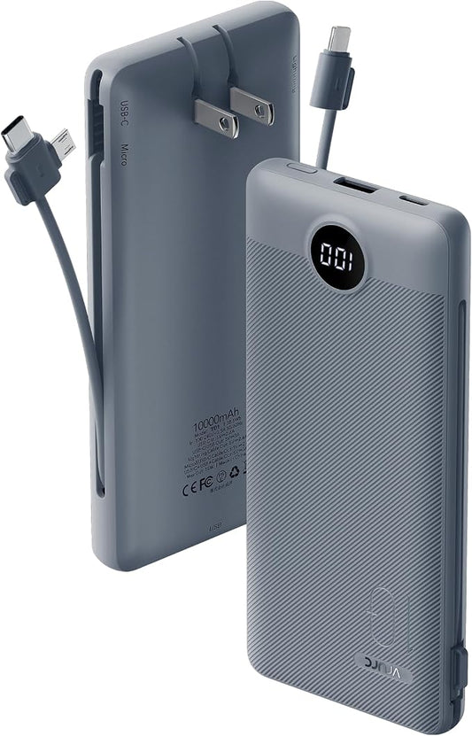 VRURC Portable Charger Built-in Cables and AC Wall Plug, USB C Power Bank 10000mAh, Travel Battery Portable Phone Charger Compact Lightweight External Battery Pack for Smart Phones, Tablets etc-Grey
