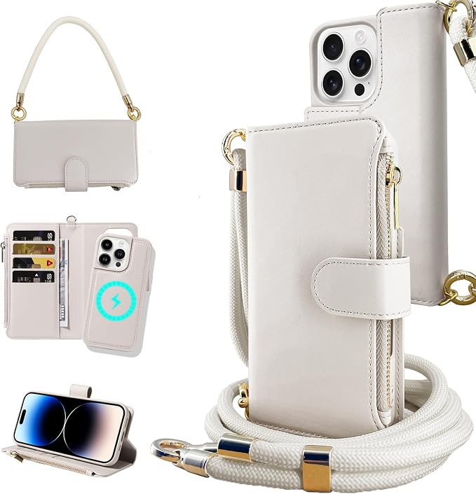 for iPhone 15 Pro Max(6.7 inches) Magnetic Wallet Case with Crossbody.Compatible with Magsafe Detachable Wallet Case with Card Holder.Multi-Function 2 in 1 flip Shoulder Strap with Zipper Case