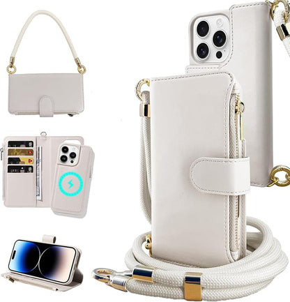 for iPhone 15 Pro Max(6.7 inches) Magnetic Wallet Case with Crossbody.Compatible with Magsafe Detachable Wallet Case with Card Holder.Multi-Function 2 in 1 flip Shoulder Strap with Zipper Case