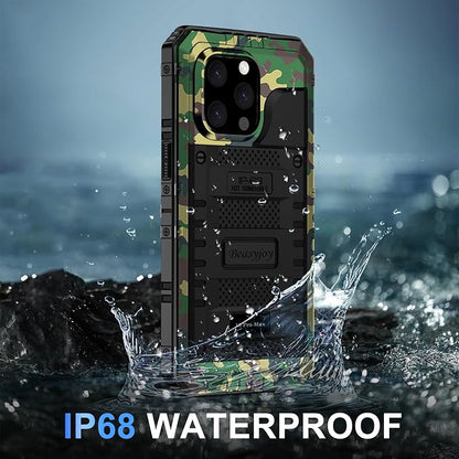 Beasyjoy Compatible with iPhone 15 Pro Max Case Waterproof, Metal Heavy Duty Full Body Protective Case with Built-in Screen Protector, Military Grade Shockproof Defender Rugged Cover 6.7", Camo
