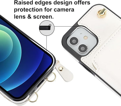 Bocasal Crossbody Wallet Case for iPhone 12/12 Pro, RFID Blocking Leather Purse Case with Card Holder, Protective Handbag Flip Cover with Zipper Wrist Strap Lanyard for Women 5G 6.1 Inch (White)