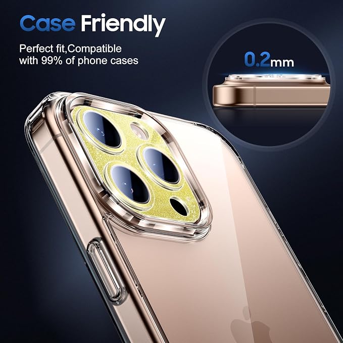 UniqueMe for 3 Pack iPhone 16 Pro/iPhone 16 Pro Max Camera Lens Protector - [Drop Protection] [Case Friendly] 9H Tempered Glass Camera Cover Screen [Update New Version] - Glitter Gold