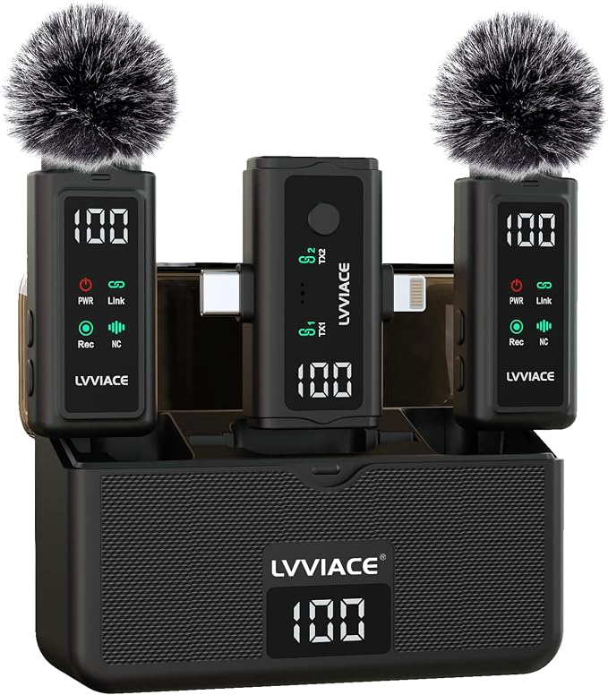 3 in 1 Wireless Microphone for iPhone, Android, Camera,Wireless Lavalier Microphone, Noise Cancellation with 45 Hours Transmitter Digital Display Charging Case for Video Recording, Streaming