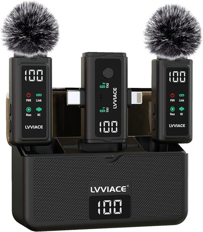 3 in 1 Wireless Microphone for iPhone, Android, Camera,Wireless Lavalier Microphone, Noise Cancellation with 45 Hours Transmitter Digital Display Charging Case for Video Recording, Streaming