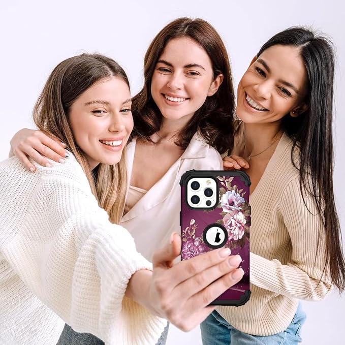 Hocase for iPhone 15 Pro Case, Heavy Duty Shockproof Protection Soft Silicone Rubber Bumper+Hard Plastic Hybrid Protective Case for iPhone 15 Pro 6.1" 2023 - Royal Purple Flowers
