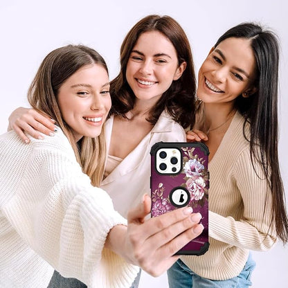 Hocase for iPhone 15 Pro Case, Heavy Duty Shockproof Protection Soft Silicone Rubber Bumper+Hard Plastic Hybrid Protective Case for iPhone 15 Pro 6.1" 2023 - Royal Purple Flowers