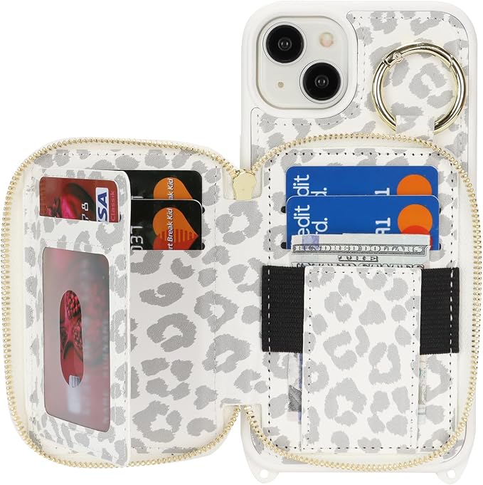 Crossbody Wallet Case for iPhone 14 Plus, PU Leather Zipper Handbag Purse Flip Cover, Kickstand Folio Case with Card Slots Holder Wrist Strap Lanyard 5G 6.7 Inch-White Leopard