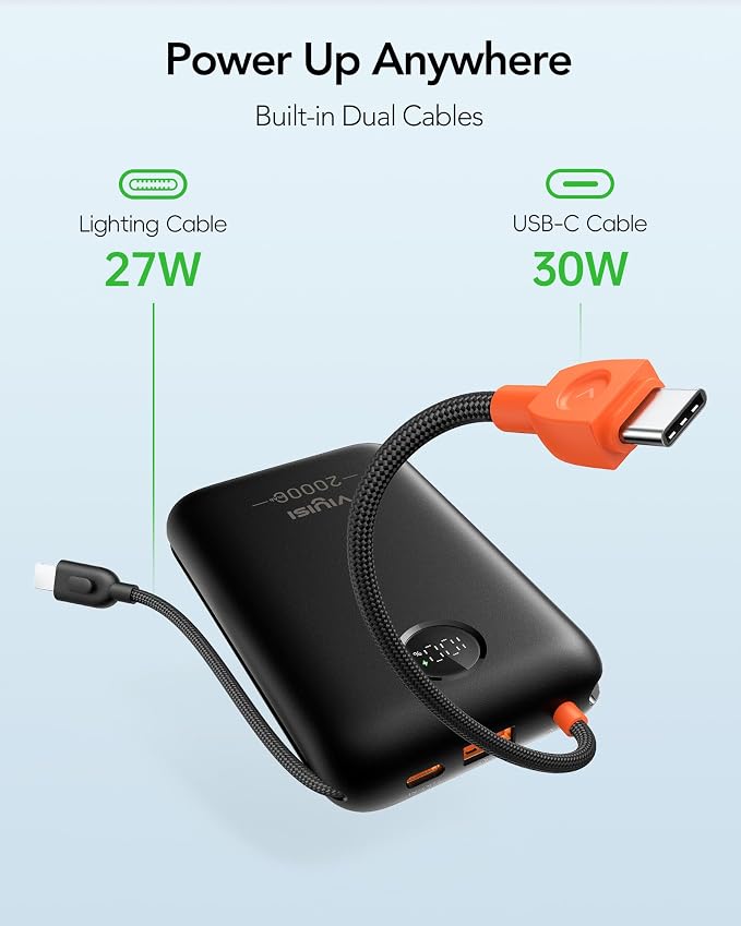 VIYISI Portable Charger 20000mAh 30W Fast Charging with Built-in Cables | USB C & Lighting Cables, LED Display Battery Pack, Compatible with iPhone 17 16 15 14 Pro Max, iPad, Samsung, Travel