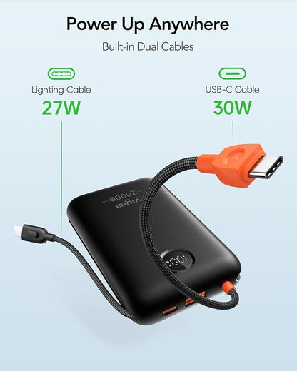 VIYISI Portable Charger 20000mAh 30W Fast Charging with Built-in Cables | USB C & Lighting Cables, LED Display Battery Pack, Compatible with iPhone 17 16 15 14 Pro Max, iPad, Samsung, Travel