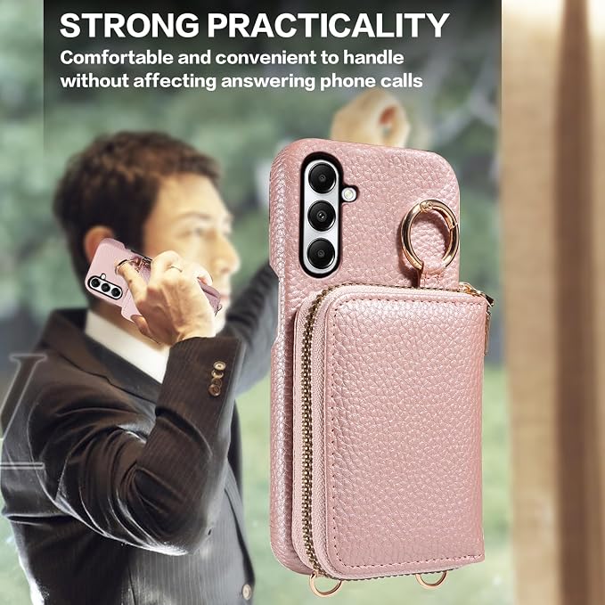 Wallet Case for Samsung Galaxy A24 4G/5G with Shoulder Strap Ring Buckle PU Leather Zipper Flip Organ Purse, Credit Card Holder Stand Full Body Cell Phone Cover for A 24 24A Lte Women Rose Gold