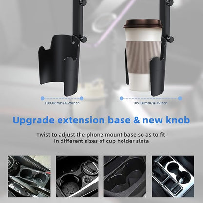 Adjustable Magnetic Cup Holder Phone Mount – MagSafe Compatible, Expandable Base, Long Arm Telescopic Car Holder, Includes Metal Ring for iPhone & Android