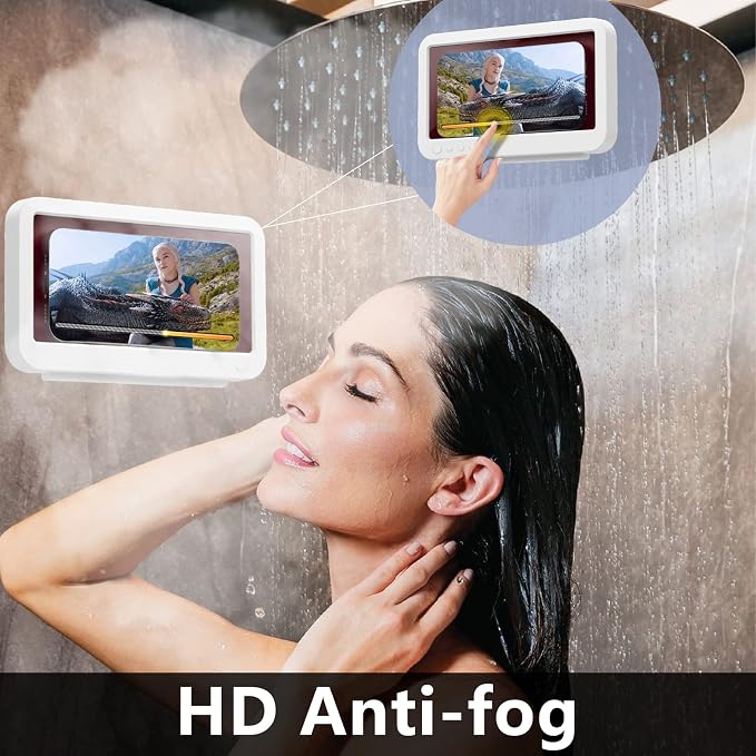 Shower Phone Holder Waterproof - Anti Fog High Sensitivity Touch Screen, 360°Rotation Wall Mount Shower Case for Phone for Bathroom Wall Mirror Bathtub Kitchen, Compatible with Under 7 Inch(White)