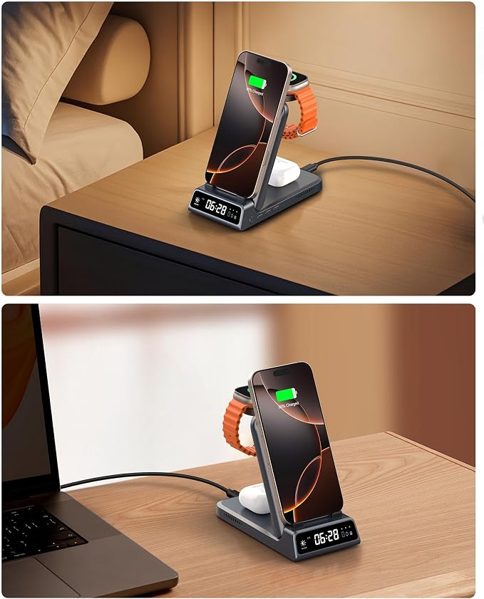 Charging Station for iPhone Air/17, SwanScout 703A, Wireless Charger for iPhone 16/15/14/13/12/11 Series, for Apple Watch 10/Ultra 2/9/8/7/SE 2, for Airpods Pro 3, Foldable and Portable (Tech Grey)