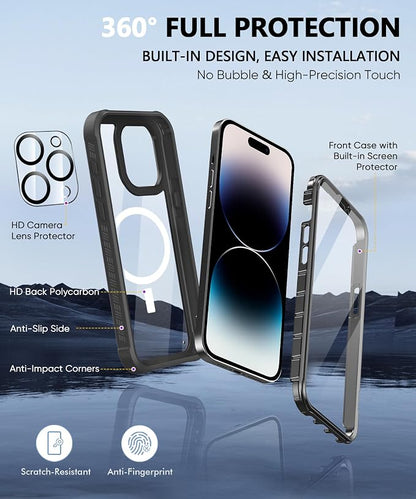 Compatible with iPhone 14 Pro Max Case, Built-in Screen Protector, with Camera Lens Protector, [Compatible with MagSafe] Full Body Phone Case, Protective Cover for 14 ProMax 6.7" (Black)