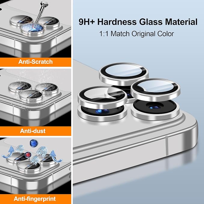 QHOHQ 2 Set Camera Lens Protector for iPhone 17 Pro Max/17 Pro/16 Pro Max/16 Pro/15 Pro Max/15 Pro, Individual Anti Shatter Lens Protector,[15FT Military Grade Protection],1-Second Auto-Install- Silver