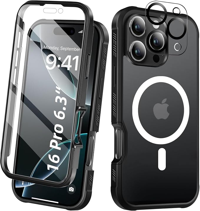 Compatible with iPhone 16 Pro Case, Built-in Screen Protector, with Camera Lens Protector, [Compatible with MagSafe] Matte Back Full Body Phone Case, Protective Cover for 16Pro 6.3" (Black)
