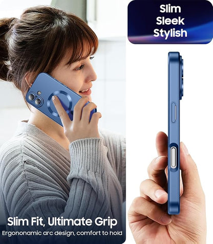 Magnetic for iPhone 17 Case [Compatible with MagSafe][Built-in Camera Lens Protector] Slim Thin Soft Silicone Bumper Shockproof Metallic Luster Phone Case (Blue)