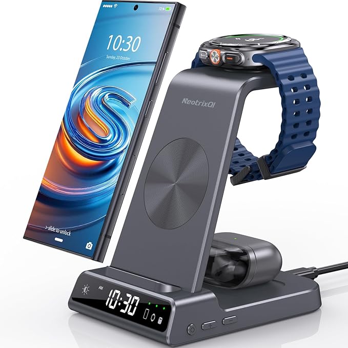 Wireless Charger Samsung Charging Station: 3 in 1 Android Charging Stand with Dimmable Clock - Nightstand Organizer for Galaxy S25 Ultra S24, Galaxy Watch 8 7 6 5 4, Galaxy Buds, Space-Saving Charger