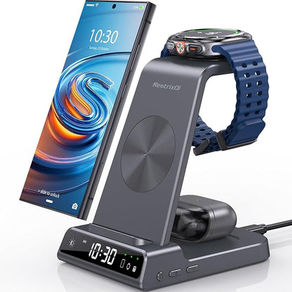 Wireless Charger Samsung Charging Station: 3 in 1 Android Charging Stand with Dimmable Clock - Nightstand Organizer for Galaxy S25 Ultra S24, Galaxy Watch 8 7 6 5 4, Galaxy Buds, Space-Saving Charger