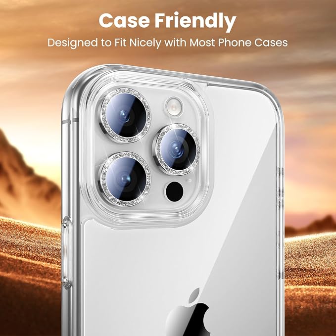 Uyiton for Bling iPhone 16 Pro Max / 16 Pro / 14 Pro Max / 14 Pro Camera Lens Protector - Not Easy to Break Strong Adsorption Individual Metal Tempered Glass Rear Camera Screen Cover - Glitter Silver