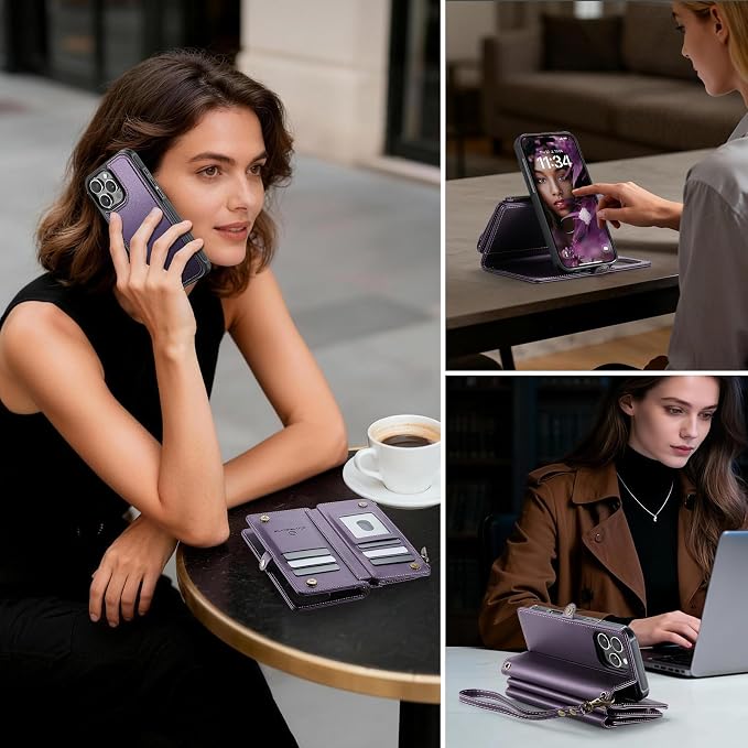 Strapurs for iPhone 16 Pro Max Detachable Wallet Case Compatible with Magsafe, RFID Blocking 9-Card Holder Zipper Strap Lanyard PU Leather Magnetic Phone Case for iPhone 16 Pro Max 6.9", Purple