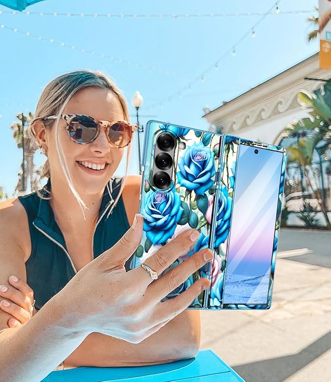 Btscase for Samsung Galaxy Z Fold 6 Case,Built in Front Screen Protector,Gold Glitter Marble Pattern Hard PC Slim Shockproof Full Body Drop Protective Case for Galaxy Z Fold 6 5G, Blue Rose