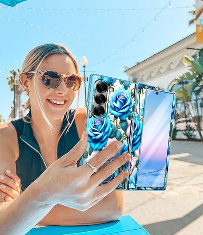 Btscase for Samsung Galaxy Z Fold 6 Case,Built in Front Screen Protector,Gold Glitter Marble Pattern Hard PC Slim Shockproof Full Body Drop Protective Case for Galaxy Z Fold 6 5G, Blue Rose