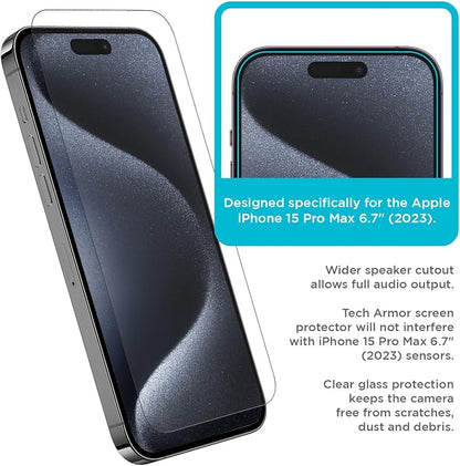Tech Armor for Apple iPhone 15 Pro Max Screen Protector Glass 6.7 inch - Ballistic Tempered, Case Friendly, Easy Install, Sensor Protection, HD, 9H Hardness, 3 Pack + Bonus Camera Lens Protectors