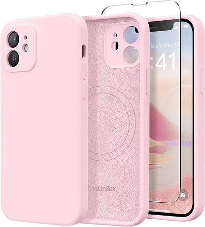Magnetic for iPhone 12 Case, Compatible with MagSafe, [Full Camera Protection][Screen Protector] Silicone Shockproof Protective Phone Case for iPhone 12 6.1", Chalk Pink