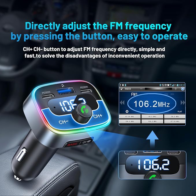 Bluetooth 5.4 Car Adapter 60W Charging USB Bluetooth Adapter for Car,Wireless Fm Transmitter Radio,Handsfree Calling and Audio Receiver,HiFi Music Player,7 Colors LED Backlit
