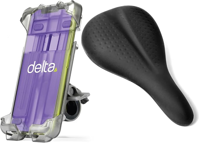Delta Bicycle Phone Mount and HexAir Racing Peloton Seat Cushion Bundle Cycle - Bike Phone Mount Handlebar Fits Any Phone Or iPhone Up to 3.5" x 7.8" - Bike Seat Cover with Innovative Hexair Tech