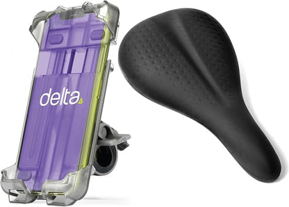 Delta Bicycle Phone Mount and HexAir Racing Peloton Seat Cushion Bundle Cycle - Bike Phone Mount Handlebar Fits Any Phone Or iPhone Up to 3.5" x 7.8" - Bike Seat Cover with Innovative Hexair Tech