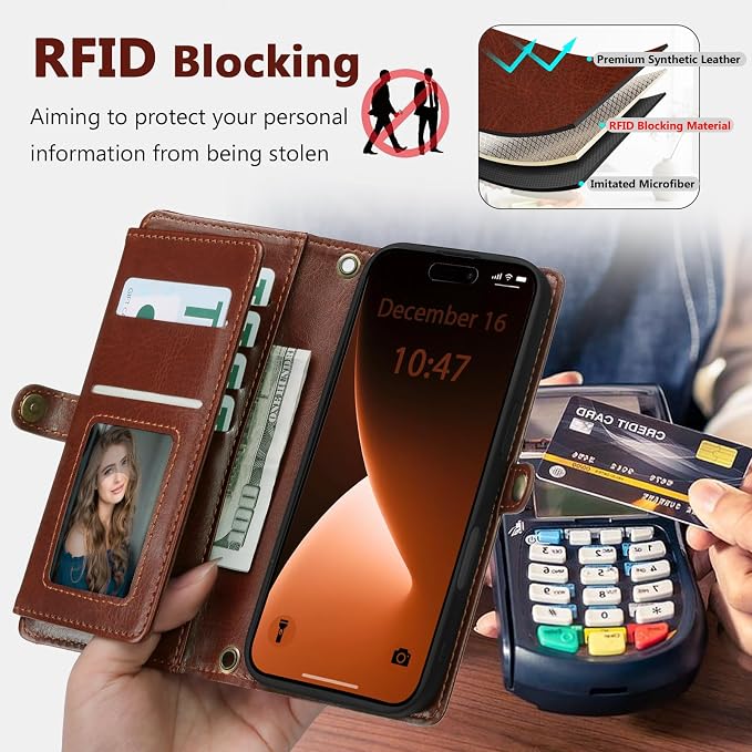 Wallet Case for iPhone 15 Pro with Card Holder/Crossbody Wallet/Strap| RFID Blocking | Magnetic | Kickstand | Detachable | PU Leather Phone Case for iPhone 15 Pro,6.1 in,Brown