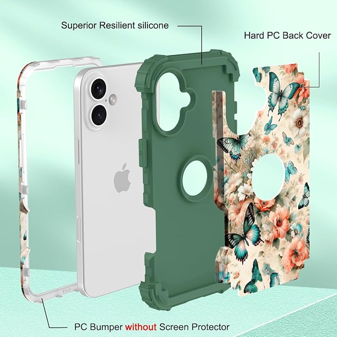 Hocase for iPhone 16 Plus Case 6.7", Heavy Duty Shockproof Protection Soft Silicone Rubber+Hard Plastic Bumpers Hybrid Protective Case for iPhone 16 Plus 2024 - Teal Green Butterflies