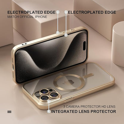 Misea Magnetic for iPhone 15 Pro Max Case [Never Yellowing] [Military Grade Drop Protection] Full Camera Lens Protector Soft Clear Phone Case for Women Girls, Titanium Gold