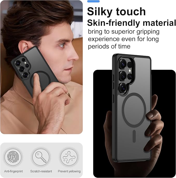For Samsung Galaxy S25 Ultra Case [Compatible with Magsafe] Translucent Matte Magnetic S25 Ultra Phone Case,SlimThin Duty Shockproof Protection Cover with 2pc HD Screen Protector for S25 Ultra-Black