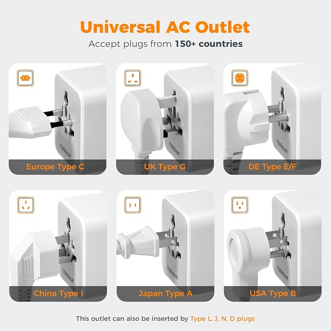 TESSAN Universal Travel Adapter, International Power Adapter | 2 USB C 2 USB A Ports, Travel Plug Adaptor Worldwide for US to Europe UK Italy Ireland Australia France Germany, Type C G A I