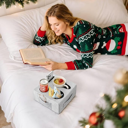 Luxspire Couch Cup Holder Tray, Couch Cup Holder Pillow with 4 Holes, Side Pocket and Handle, Couch Caddy Pillow for Phone/Drinks/Remote Control/Snacks, Christmas Style