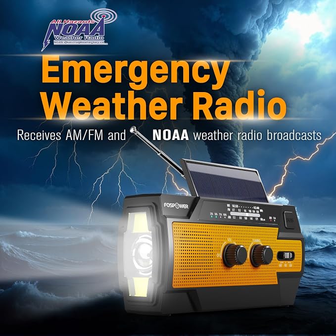 FosPower NOAA Emergency Weather Radio A3 14800mWh Portable Power Bank, AM/FM, USB/Solar/Hand Crank Charging, SOS Alarm & Flashlight for Indoor/Outdoor Emergency - Orange