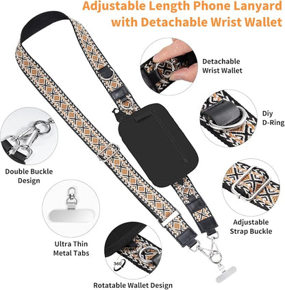 Tiostep Clip and Go Strap for Phone with Wallet Crossbody Phone Lanyard with Anti-Theft Zipper Pouch Detachable Quilted Wrist Wallet with RFID and ID Window for Daily Travel. Black Large