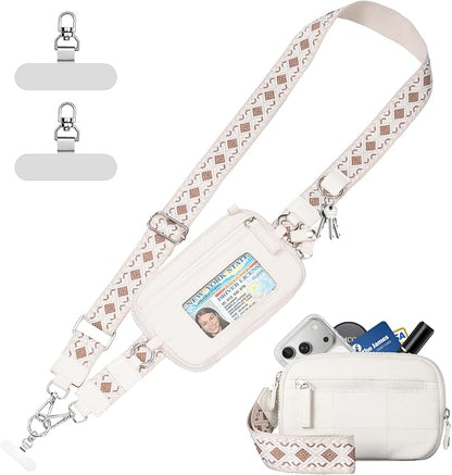 Tiostep Clip and Go Strap for Phone with Wallet Crossbody Phone Lanyard with Anti-Theft Zipper Pouch Detachable Quilted Wrist Wallet with RFID and ID Window for Daily Travel. Apricot Large
